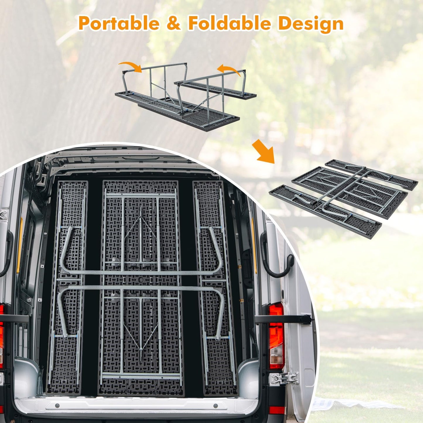 Tangkula 6 Ft Folding Picnic Table, Outdoor 8 Person Large Picnic Table Set with 2 Built-in Benches, Umbrella Hole, Metal Frame & HDPE Tabletop for Garden, Backyard (Black)