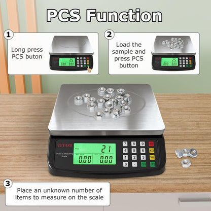 Large Digital Kitchen Scale 40kg/88lb Stainless Steel Price Computing Scale Counting Scale Deli Scale with LCD Display for Baking Bread Cooking Meat Prep Parts and Coins Adapter Included (Black)