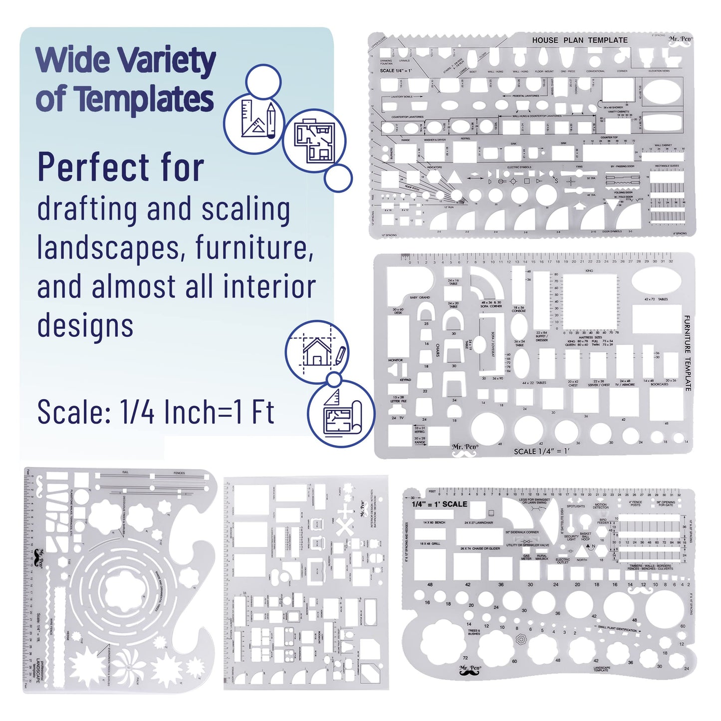 Mr. Pen- Professional Drafting Tools & Geometry Set with Case, 17 pcs, Mechanical Pencil, Fineliners, Scale Metal Ruler, Drawing Templates for Interior Design House Plan, Architect Protractor Set