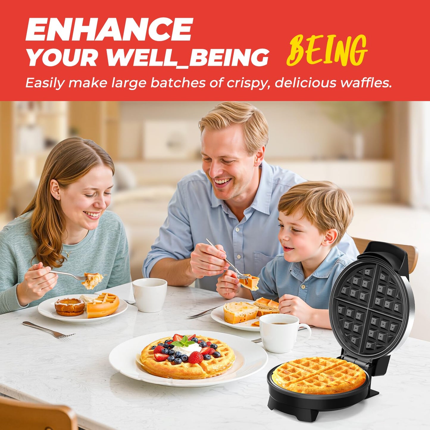 Waffle Maker, 7“ Round Classic Belgian Waffle Iron, Adjustable Browning Control, Easy-Clean Nonstick Plates & Cool Touch Handle, Space Saving Storage, Stainless Steel