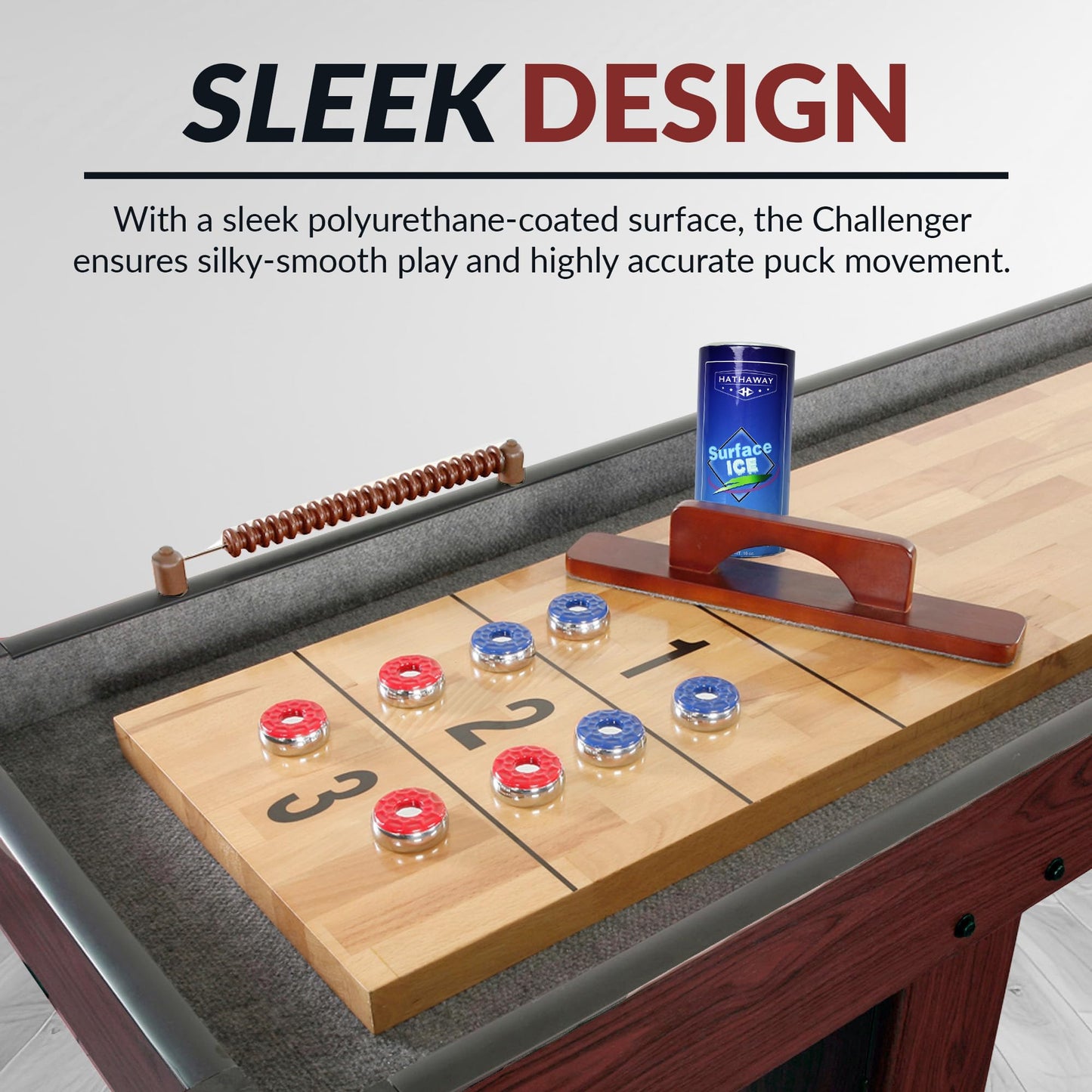 Challenger Shuffleboard Table with Dark Cherry Finish, Hardwood Playfield, Storage Cabinets, Climate Adjusters, Leg Levelers, 8 Pucks, Brush and Wax