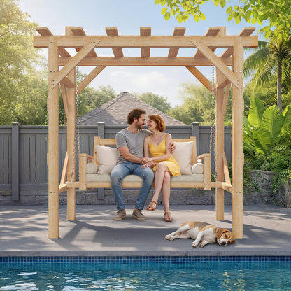 Aoxun Cedar Wood Outdoor Pergola Swing Bench, Porch Swing with Stand, 3-Seat Hammock Patio Swing Set with Canopy，Metal Chains for Backyard, Garden, Natural