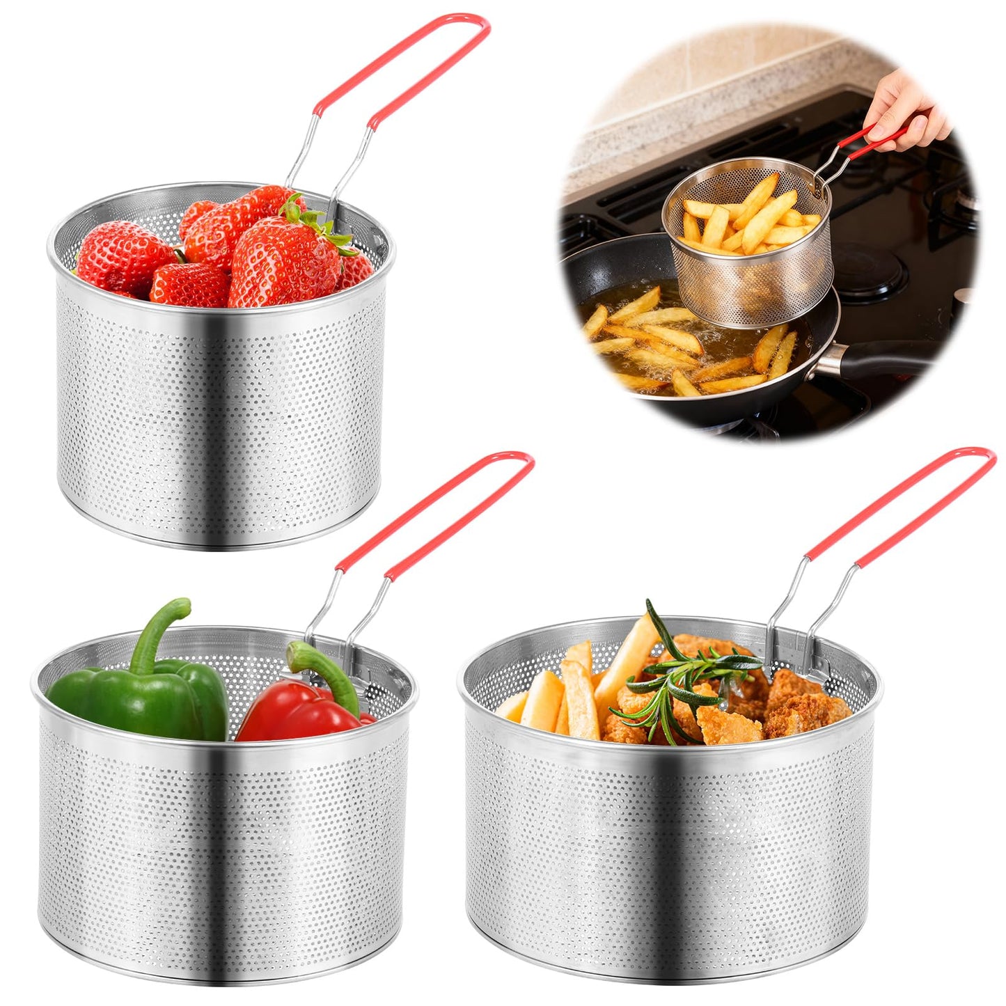 3 Pcs Stainless Steel Pasta Strainer Set with Removable Handles, 5.4" 6.2" 7" Spider Strainer Skimmer Basket for Boiling, Deep Frying & Blanching, Professional Noodle Colander