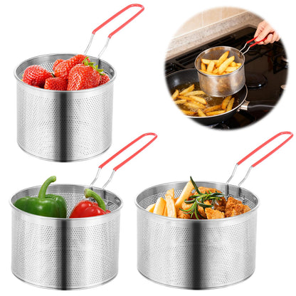 3 Pcs Stainless Steel Pasta Strainer Set with Removable Handles, 5.4" 6.2" 7" Spider Strainer Skimmer Basket for Boiling, Deep Frying & Blanching, Professional Noodle Colander