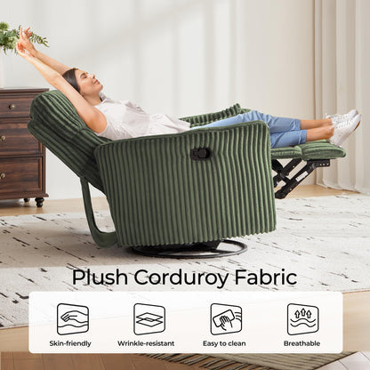 LINSY 360 Swivel Recliner Chair, Nursery Glider Rocking Chair with 2 Pillows, Corduroy Nursing Chair Comfy High Back Adult Rocker Recliner for Small Spaces, Nursery Bedroom Living Room (Green)