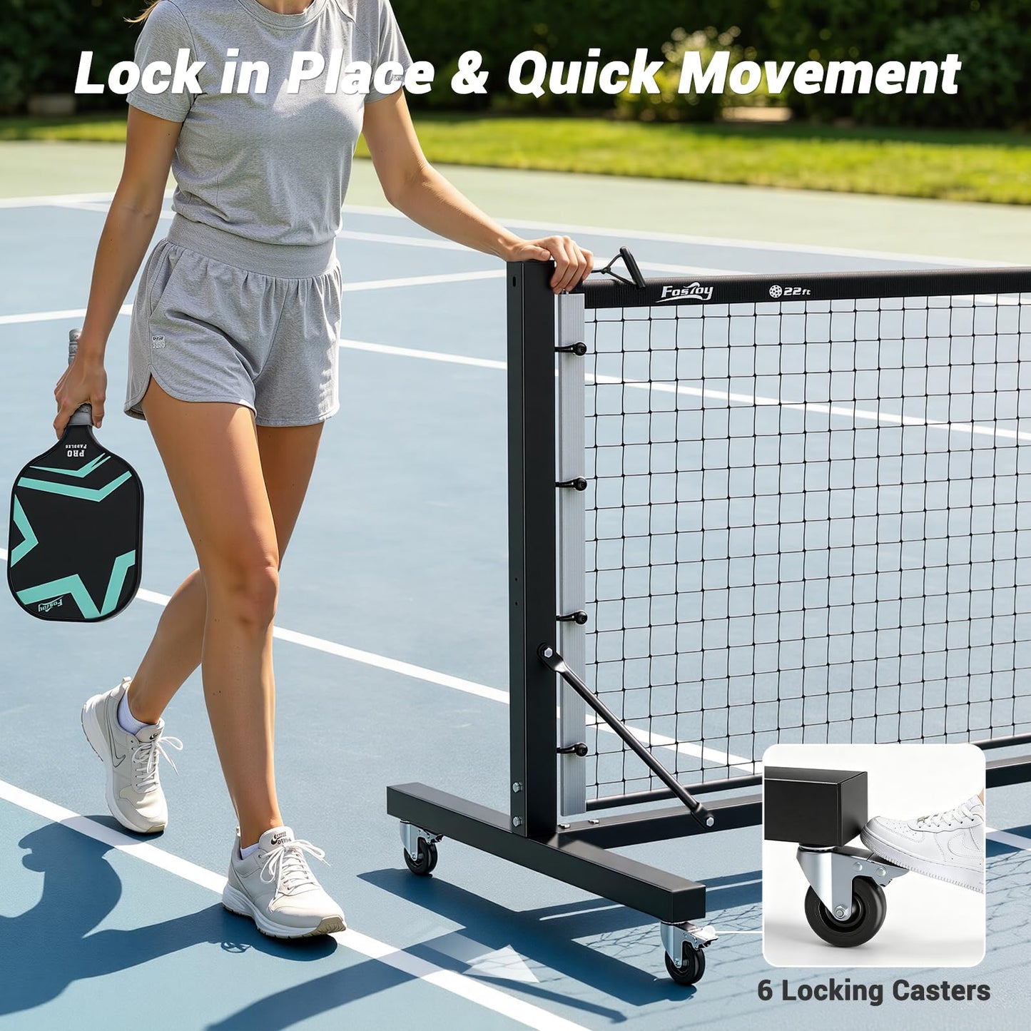 Fostoy Pro Aluminum Pickleball Net with Carbon Fiber Paddle, Dual-Side Tension Lock System, Locking Wheels, 22FT Tournament Regulation Size for Outdoor Court, Driveway & Gym, Easy Setup, Carry Bag