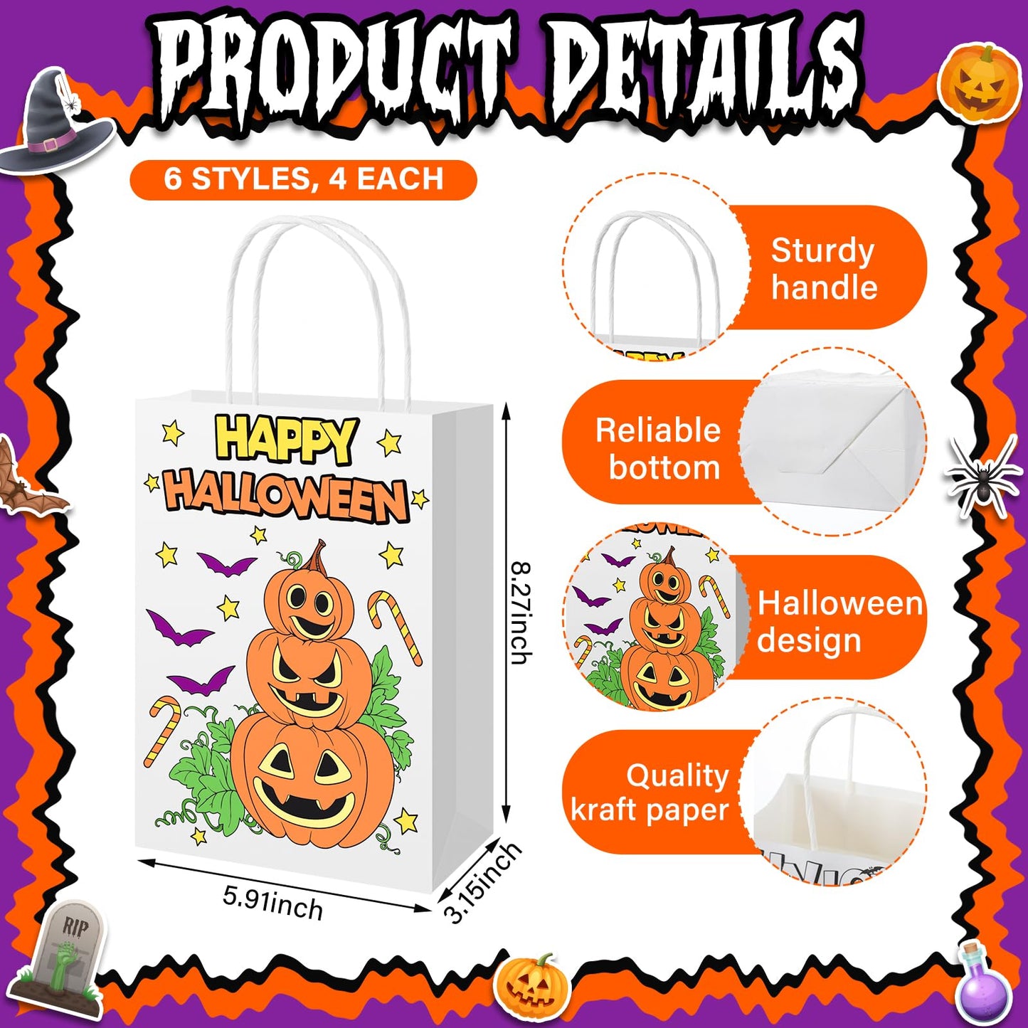 Zhanmai 24 PCS Happy Halloween Coloring Bags - Color Your Own Paper Gift Bags with Handle - DIY Craft Party Favor Bags for Goodie Treat Gift