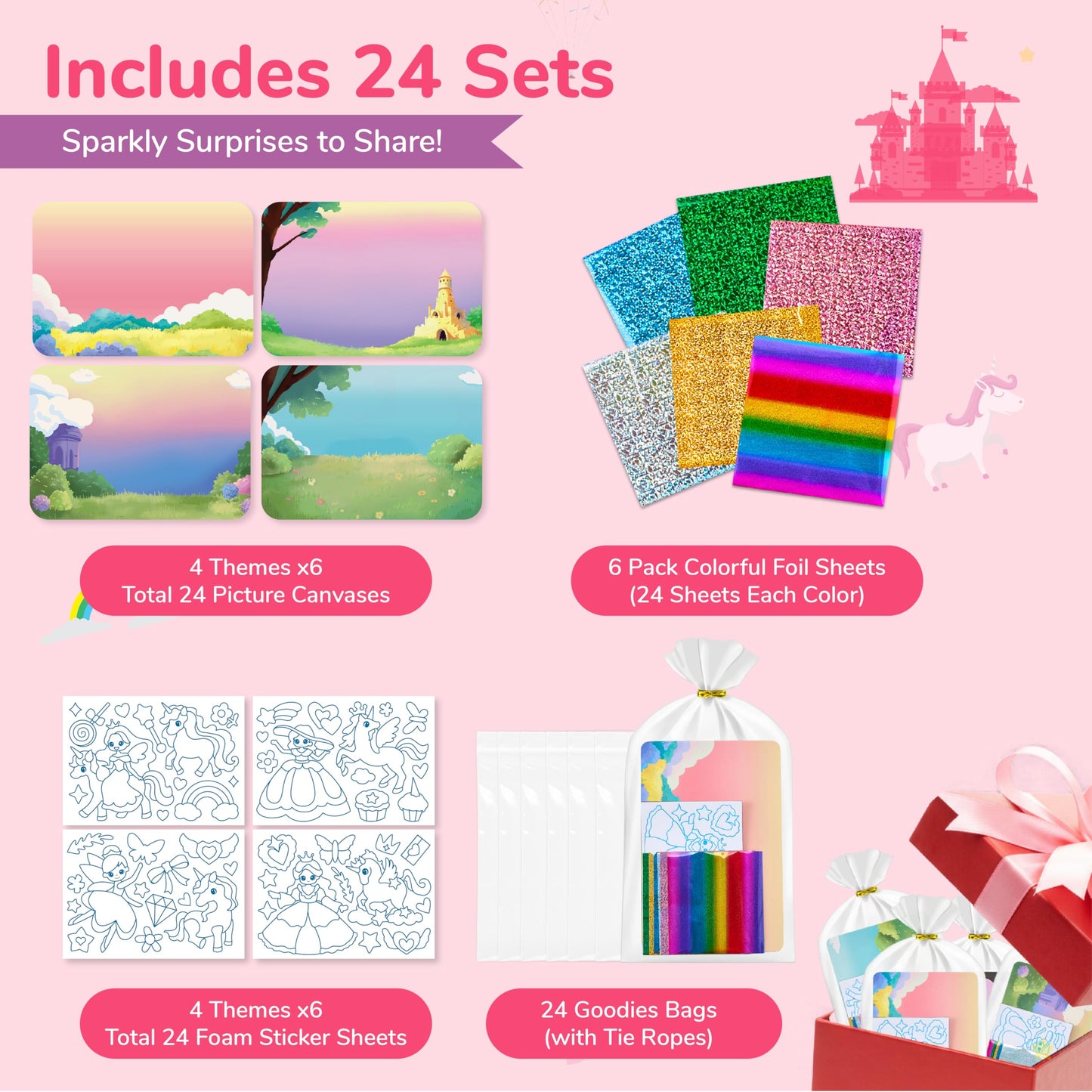 JoyCat 24 Pack Foil Craft Party Favors,No Mess Arts and Crafts for Kids,Goodie Bag Stuffers,DIY Creative Activity, Birthday Present for Girls Boys 4 5 6 7 8 9 Years Old(Unicorn)