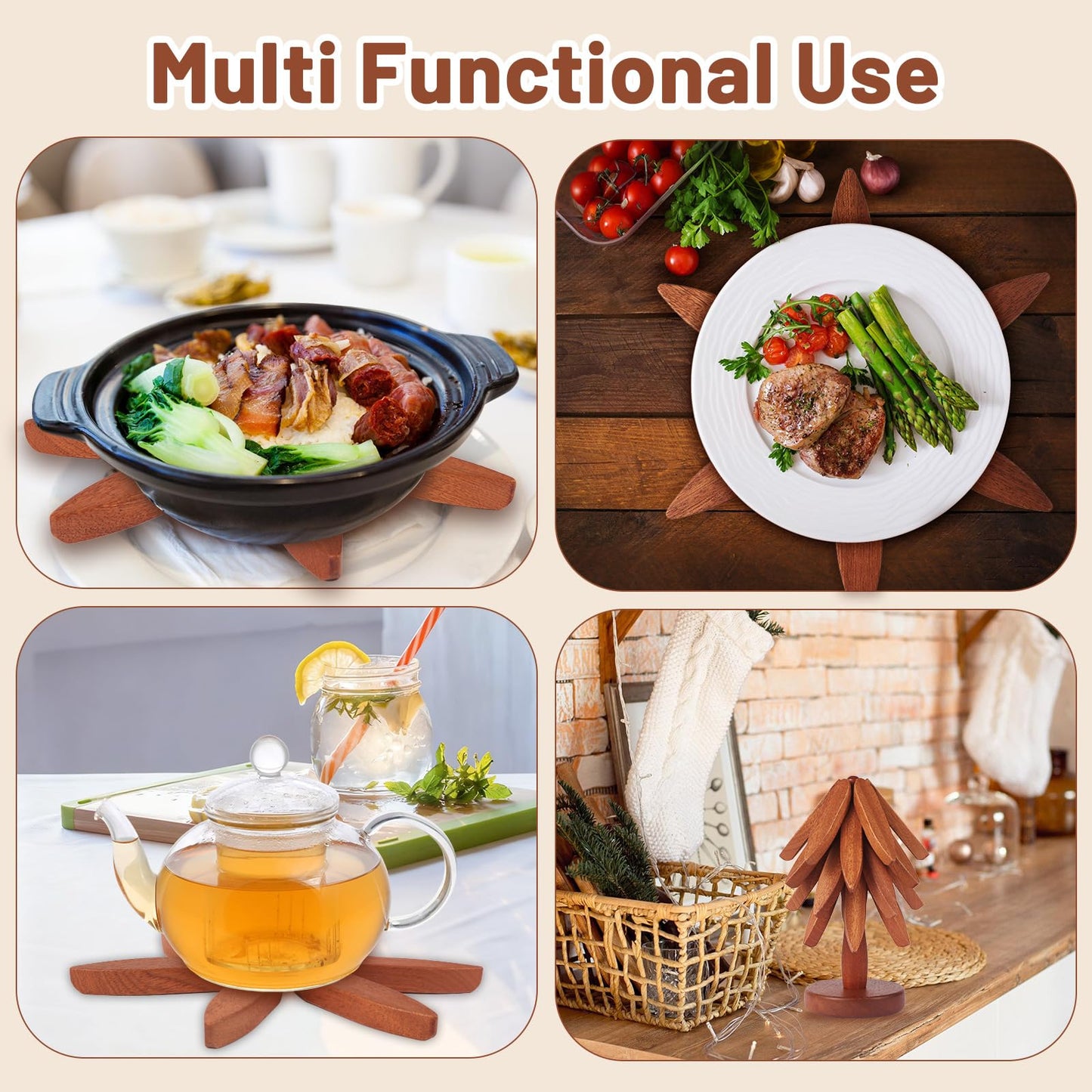 Futighapy Wooden Trivet Set - Perfect Kitchen Gift for Mom, Housewarming & Hostess | 4 Natural Wood Leaf Hot Pads with Decorative Stand | Pot Holders for Hot Dishes, Pans & Teapots