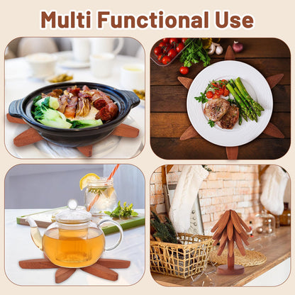 Futighapy Wooden Trivet Set - Perfect Kitchen Gift for Mom, Housewarming & Hostess | 4 Natural Wood Leaf Hot Pads with Decorative Stand | Pot Holders for Hot Dishes, Pans & Teapots