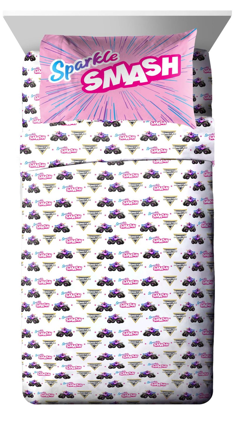 Jay Franco Kids Comforter Set Includes Sheets and Pillow Covers - Soft and Cozy Bed Set for Stylish Room Decor, Pink - Monster Jam, 5 Piece Twin Bedding