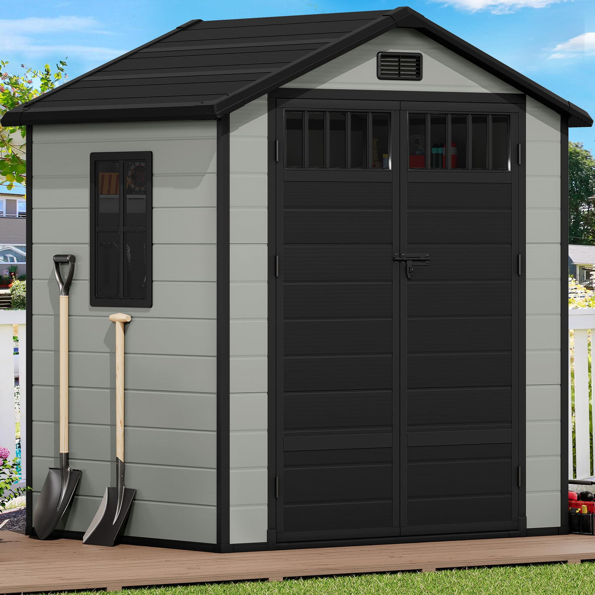 DWVO 6x4.4 FT Resin Storage Shed with Fence-Style and Side Windows, Lockable Door, and Vents Outdoor Storage Shed for Garden, Backyard, Patio, Lawn