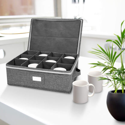 popoly Mug Storage Box with dividers, China Coffee Cup Storage Containers with Zipper Lid and Rivet Reinforced Handles, Holds 12 Coffee Mugs and Tea Cups, Structured Top and Stackable (Grey)