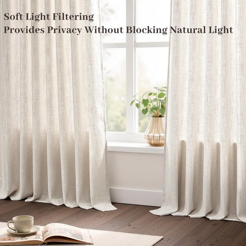 90 inch Pinch Pleated Linen Curtains for Living Room Bedroom Natural Ivory Birch Boho Country Thick Linen Textured Light Filtering Pinch Pleat Drapes Back Tab Semi Sheer Window Curtain 2 Panels