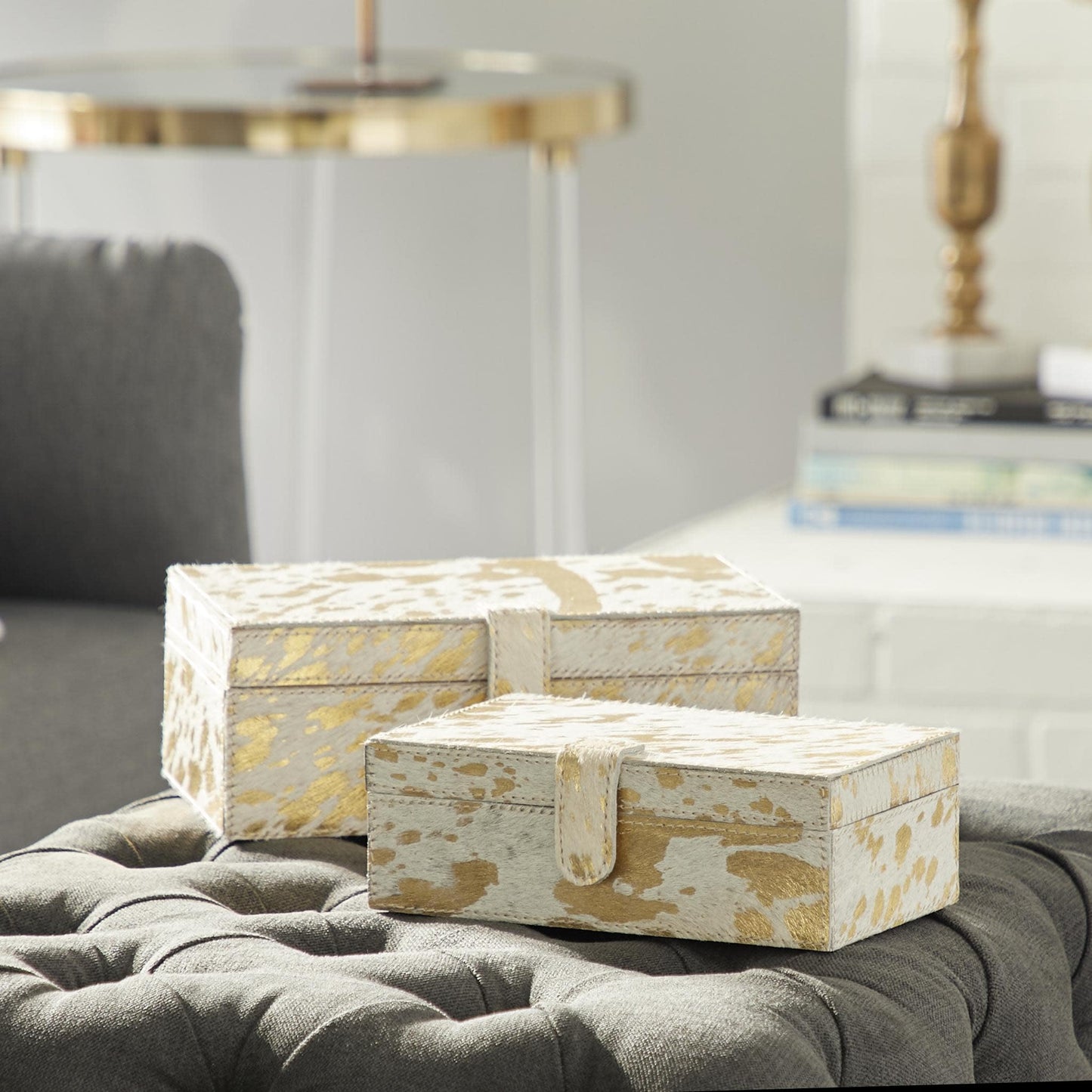 Deco 79 Leather Handmade Decorative Box Decorative Keepsake Boxes with Gold Foil Paint, Set of 2 Storage Boxes 8", 10"W, Gold