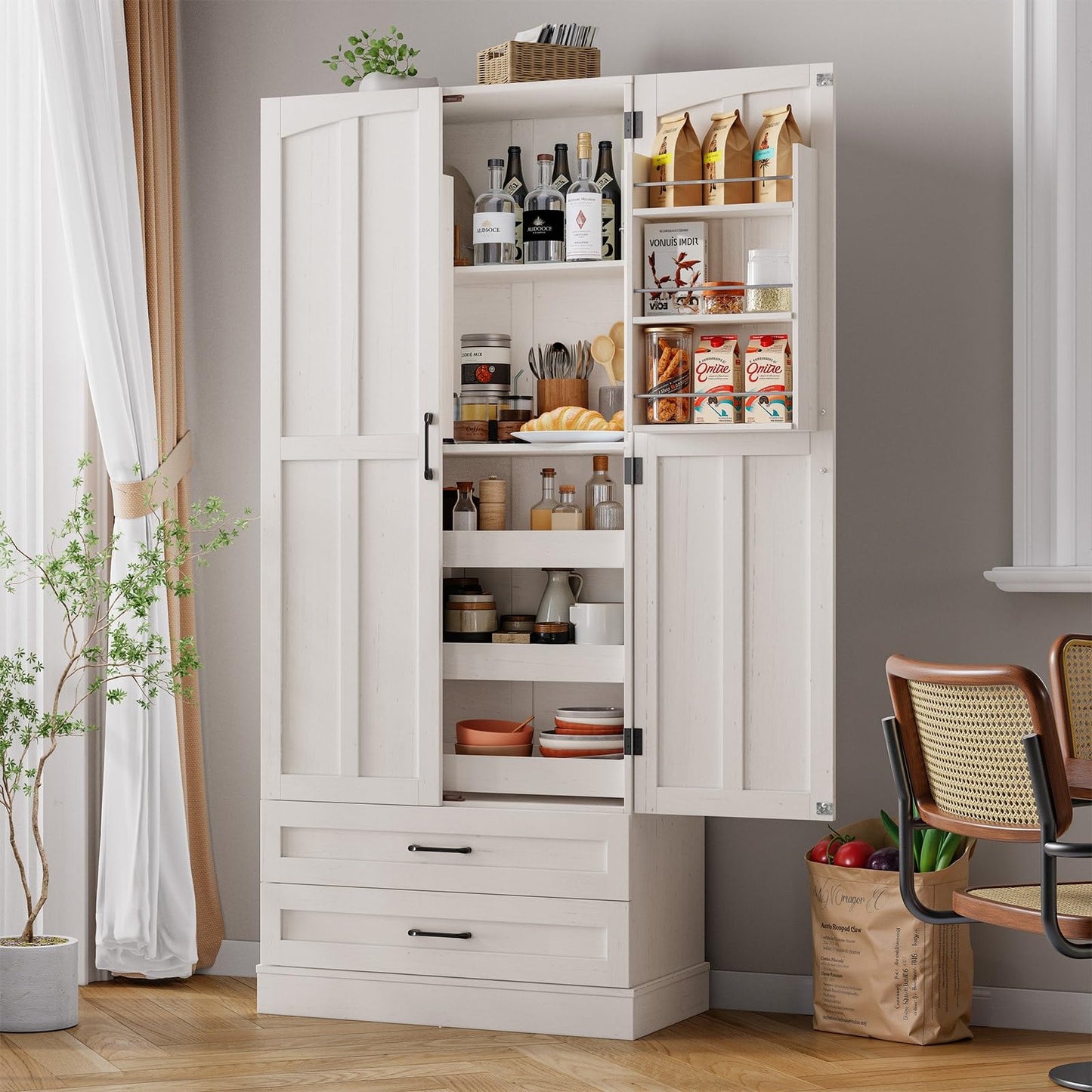 ONBRILL 71" Tall Farmhouse Kitchen Pantry Cabinet with 3 Pull Out Shelves & 2 Large Drawers, Pantry Storage Cabinet with 6 Door Shelf & Adjustable Shelf, Freestanding Cupboard for Kitchen, Dining Room
