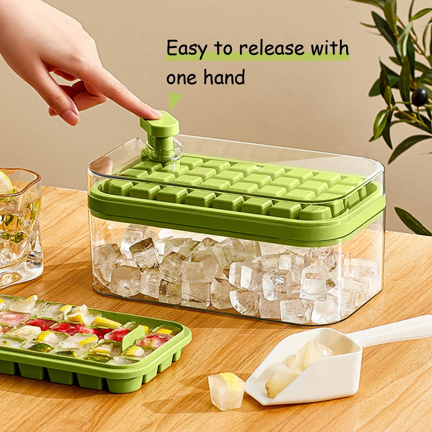 Ice Cube Tray with Lid and Bin, 2 Pack Ice Cube Trays for Freezer, 64 Pcs Ice Cube Mold, Press Button Easy Release Ice Tray, Small Ice Cubes Maker for Drinks(Green)