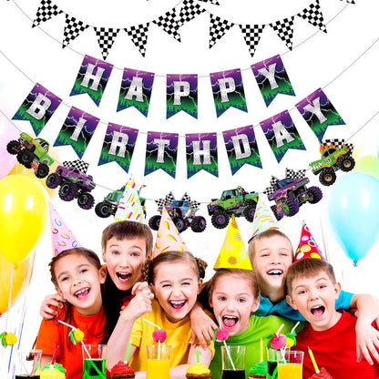 Pasimy 4 Pcs Monster Truck Birthday Banner Cars Truck Garland Black and White Checkered Flags Pennants Green Purple Happy Birthday Bunting Racing Car Theme Party Decorations Supplies