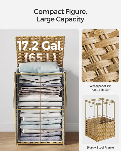 SONGMICS Laundry Hamper - 17.2 Gallon Synthetic Rattan Basket with Lid & Handles | Foldable, Goose Yellow