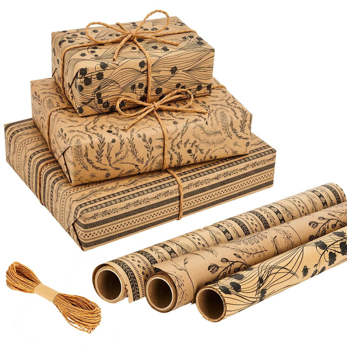Kraft Floral Wrapping Paper- 3 Mini Rolls, 17 Inch x 9.8 Feet Each- 80gsm Gift Wrapping Paper with 33Ft Wrapping Twine, Grid Lines on Reverse- Perfect for Birthday Mother’s Day Wedding Christian Gifts