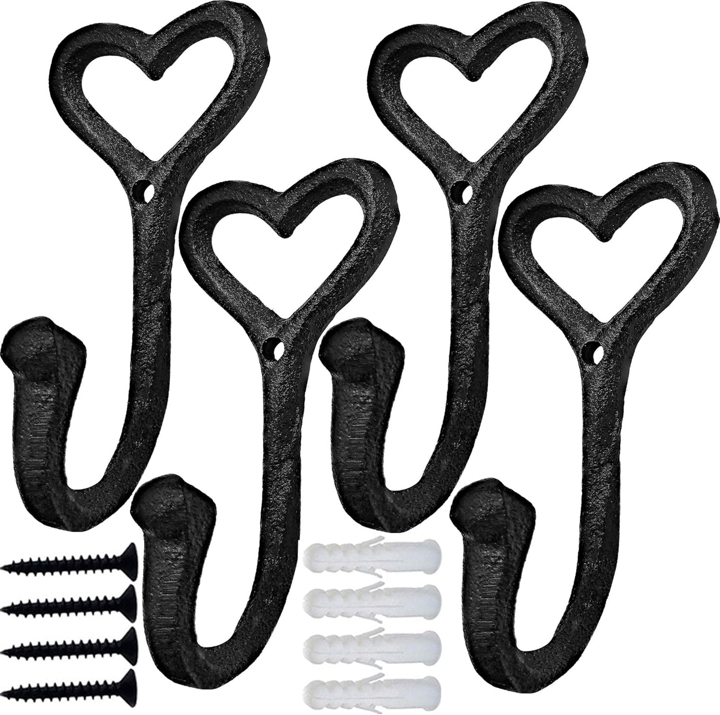 ZEYU Heavy Duty Coat Hooks, 4pcs Cast Iron Love Heart Shape Wall Hooks for Hanging Coats, Black No Rust
