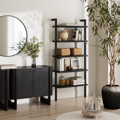 Nathan James Beacon Bohemian 5 Tier Bookshelf, Wall Mounted Bookcase, Solid Wood Bookshelf in Black Oak
