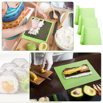 Hoolerry 3 Pieces Kitchen Sushi Rolling Mat Non Stick Japanese Plastic Sushi Plates Making Kit Rolling Maker Homemade for Kitchen Home Cooking DIY(Green)