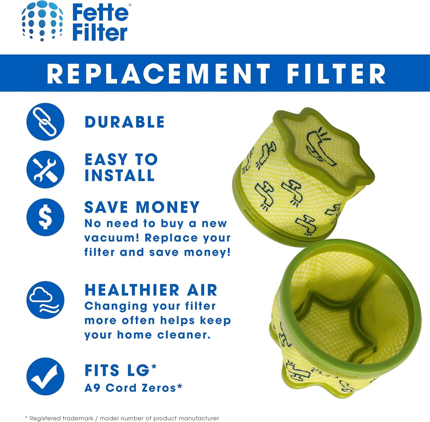 Fette Filter - A9 Premium Vacuum Replacement Pre Filter Compatible with LG Vacuum Cleaner (3 Pack)