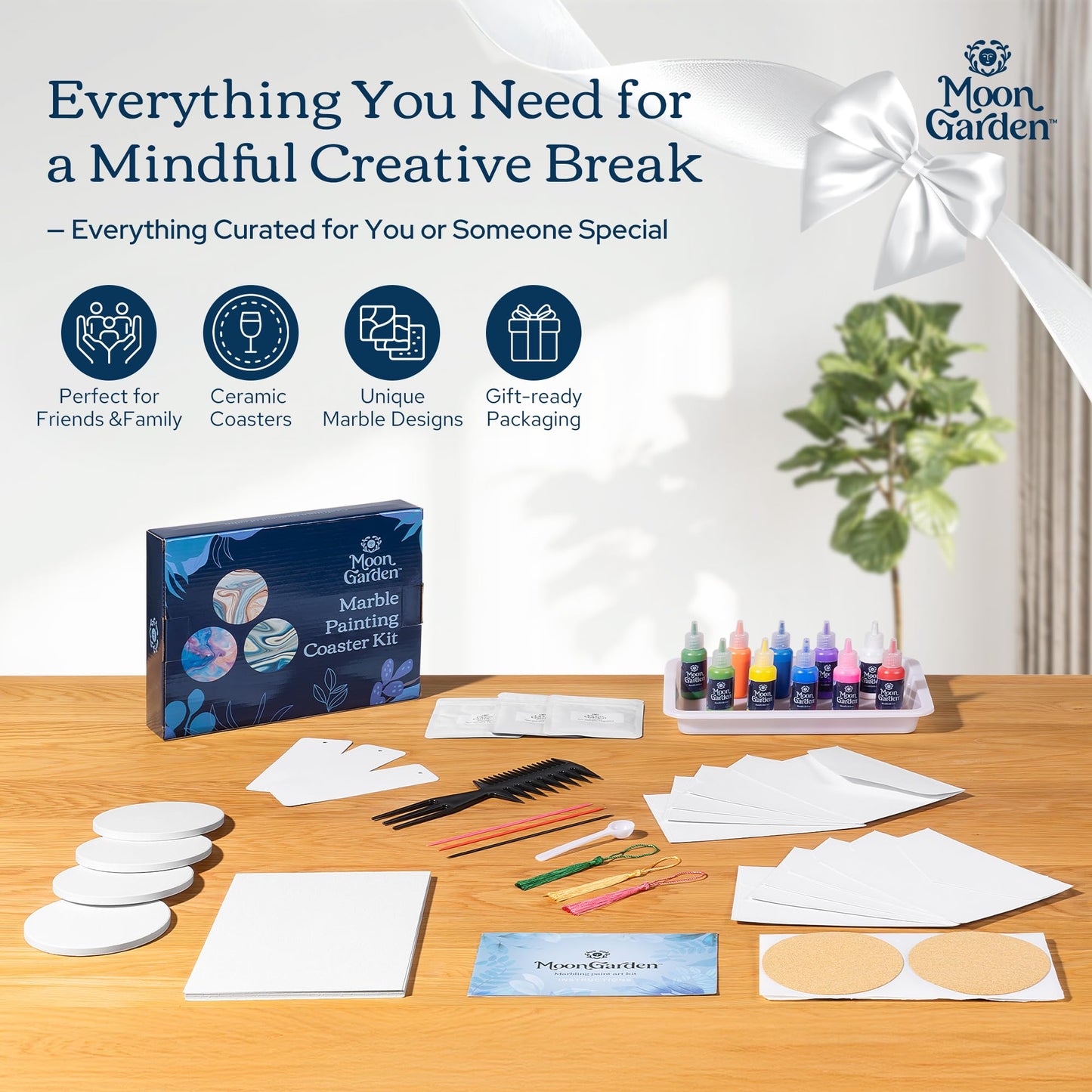 MoonGarden Marble Painting Coaster kit - Marble Painting Kit for Adults - 12 Color Paints, Ceramic Coasters, Bookmark Paper and Cardstock Paper - Relaxing and Creative DIY Activity