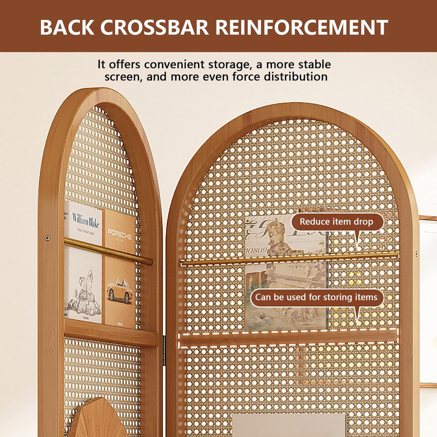 Rattan Room Divider Portable Partition with Built-in Bookshelf, 67" Foldable Privacy Screen for Room Separation, Home Office, Bedroom, 2 Panel Design