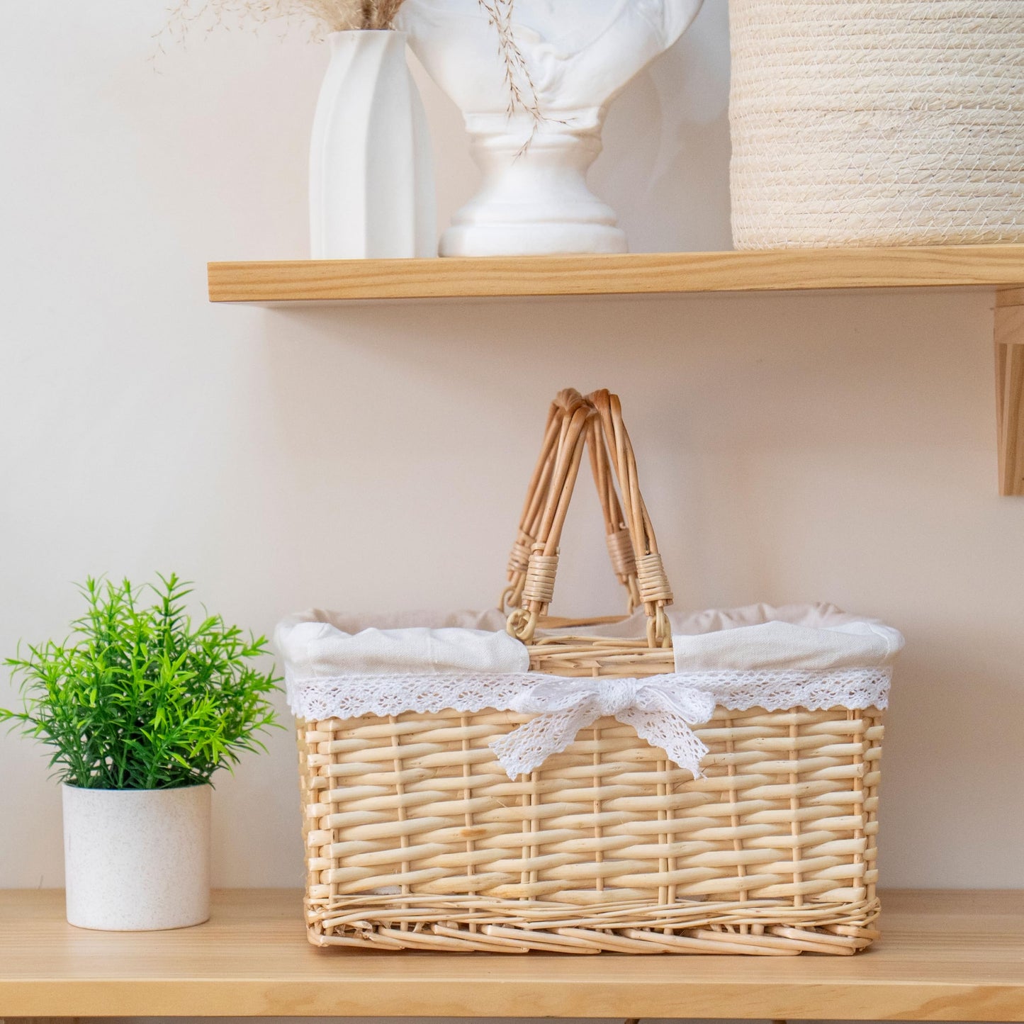 Handwoven Wicker Picnic Basket with Lace Lining, Natural Rattan Tote with Handles, Boho Basket for Outdoor Picnics, Bridal Showers, Weddings & Home Storage