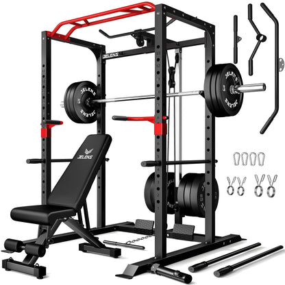 JELENS S11 Power Cage, 2000LB Multi-Function Power Rack with LAT Pulldown, Squat Rack with Adjustable Pulley System and Training Attachments, Weight Rack for Home Gym (370LB Black Weights Package)