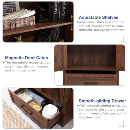 JXQTLINGMU Farmhouse Kitchen Pantry Cabinet - 72" Tall Wood Kitchen Storage Cabinets with Adjustable Shelves & 2 Barn Doors & Drawer, Versatile Storage for Dining Room, Bathroom, Rustic Brown