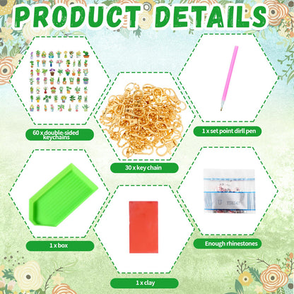 Huquary 60 Pcs Diamond Art Keychains Potted Plants Diamond Painting Keychain Kits for Adults Double Sided 5d Rhinestones Spring Hanging Key Chains Ornaments for Beginners DIY Crafts Party