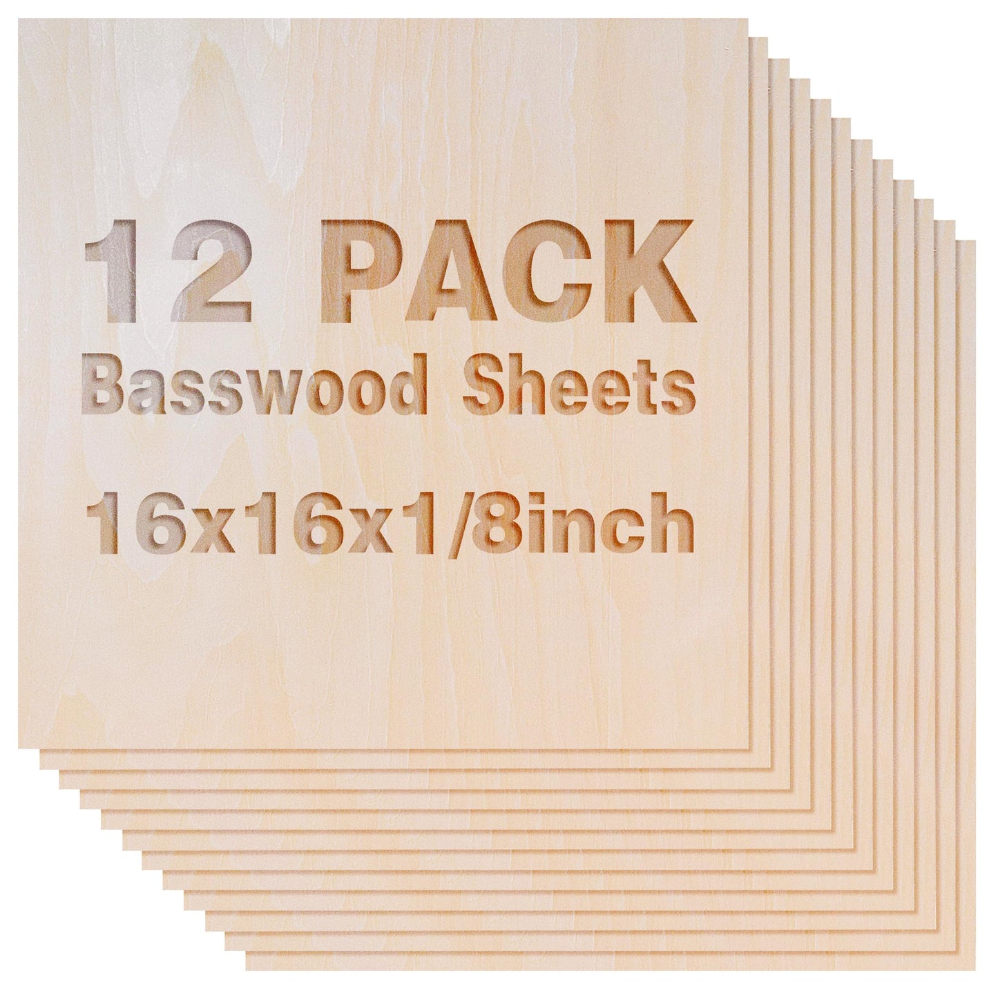 12 Pack Basswood Sheets 1/8x16x16 Inch, Unfinished Wood for Crafts, 3mm Basswood for Laser Cutting Engraving, Wood Burning, Architectural Models, Plywood Board for Painting. (16x16x1/8inch)