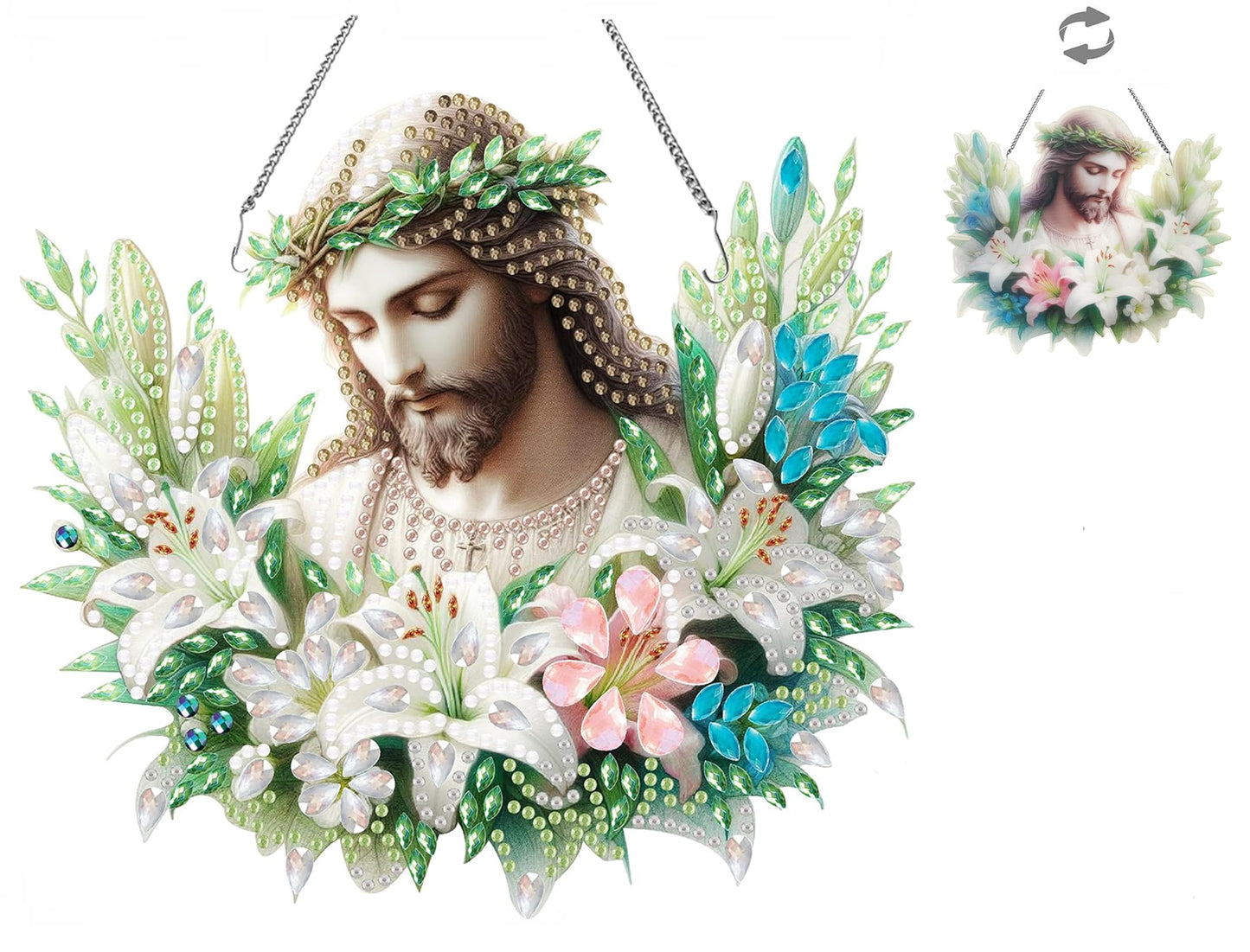 Apomelo Diamond Art Kit for Adult Jesus Religious Double-Sided Pattern Design Special Gem Diamond Art Hanging Pendant Kit Ornament for Wall Window Decor, Wreath Jesus