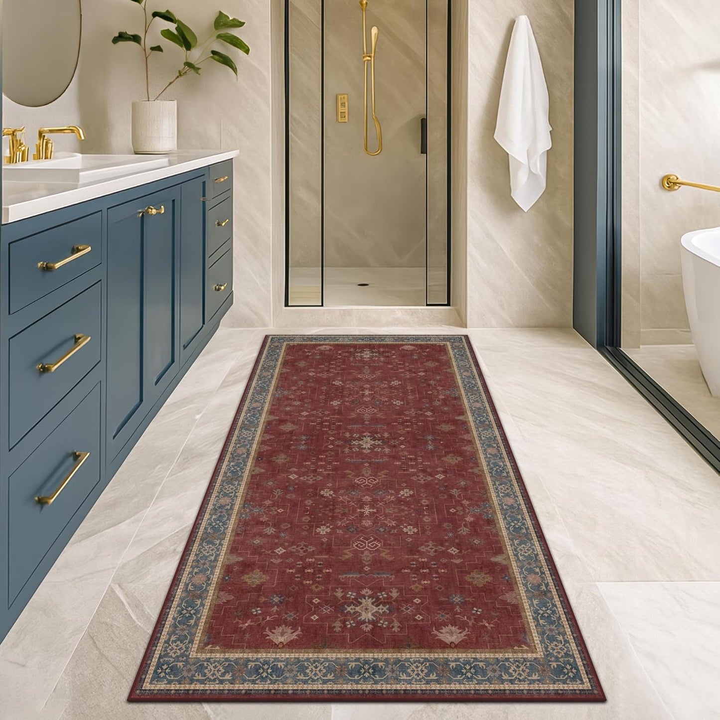 Turkish Kitchen Runner Rugs - Non-Skid Washable Design | Dark Red 2x6 for Hallway & Bathroom