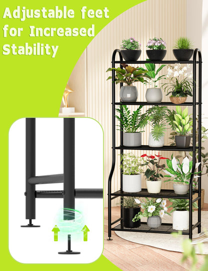 Yutrchey 5-Tier Metal Plant Stand - Heavy Duty Indoor Outdoor Flower Shelf for Multiple Pots, 65" Tall Vertical Holder with Adjustable Leveling Feet & Wall-Fixing Kits, Black