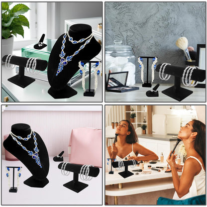 SENONAPO 6 Pcs Velvet Jewelry Display Set- Velvet Necklace Bust Holder Mannequin Bust & T-Bar 2 T Shape Earring Stand 2 Ring Finger Jewelry Holder Bracelet Organizer for Jewelry Showcase