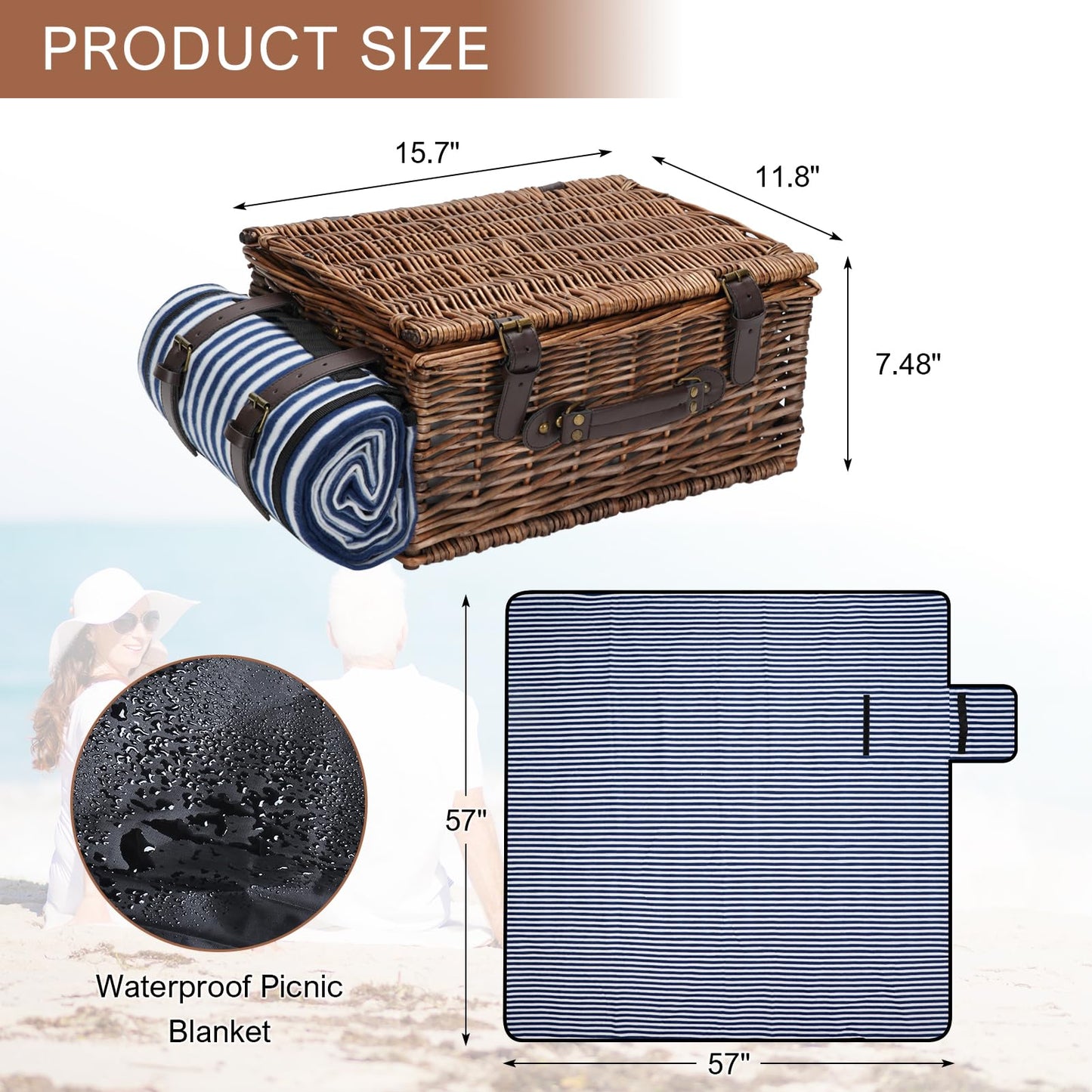 Picnic Basket for 4 Persons - Baskets with Cooler and Picnic Blanket, Classical Wicker Picnic Basket with Waterproof & Sand-Proof Beach Mat,Willow Hamper Service Gift Set