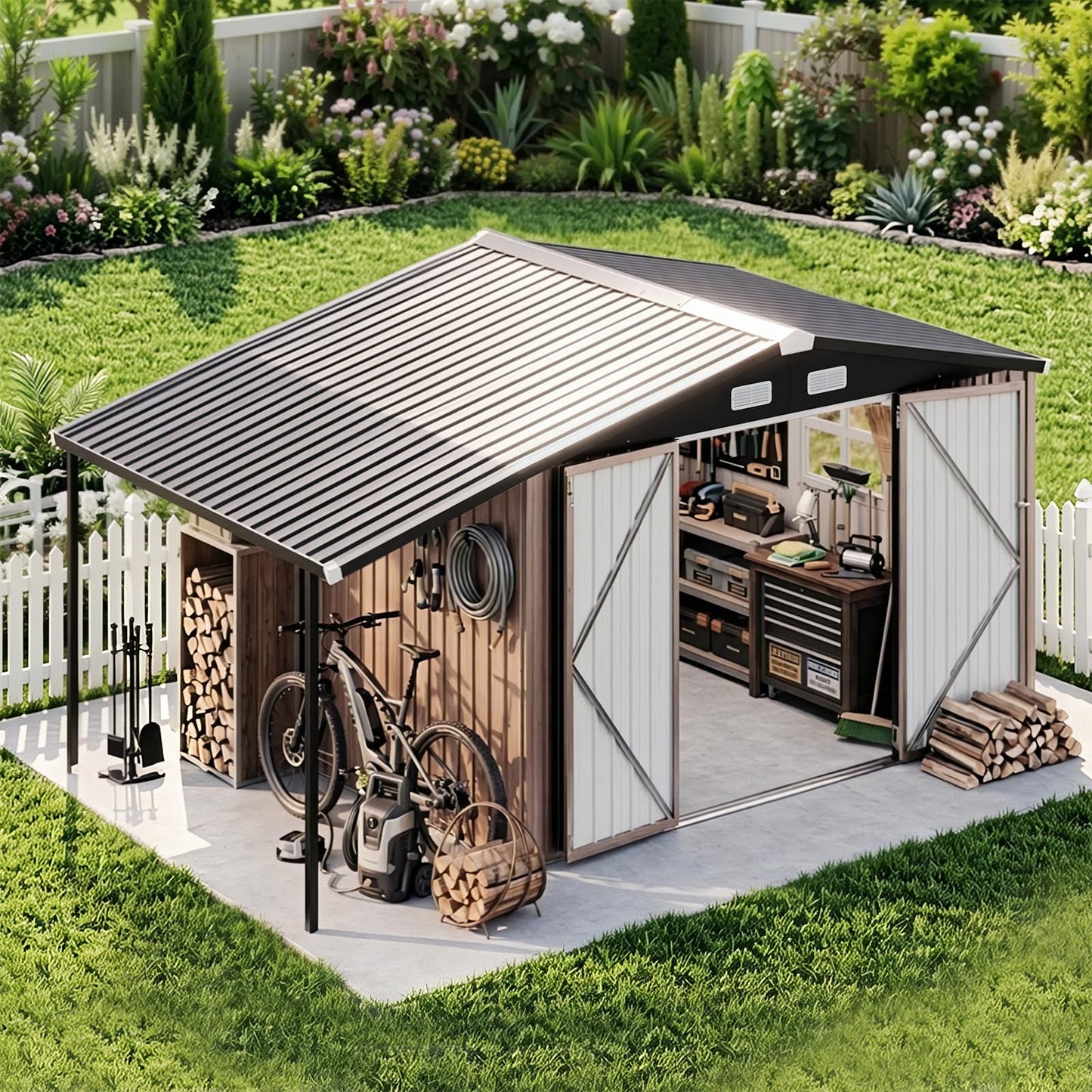 Aoxun 8x12 FT Outdoor Storage Shed with Open Firewood Storage,Galvanized Steel Garden Shed with Lockable Doors,Sloped Roof,Windows, 2 in 1 Large Metal Tool Shed for Patio, Backyard, Lawn (Brown)