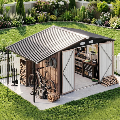 Aoxun 8x12 FT Outdoor Storage Shed with Open Firewood Storage,Galvanized Steel Garden Shed with Lockable Doors,Sloped Roof,Windows, 2 in 1 Large Metal Tool Shed for Patio, Backyard, Lawn (Brown)