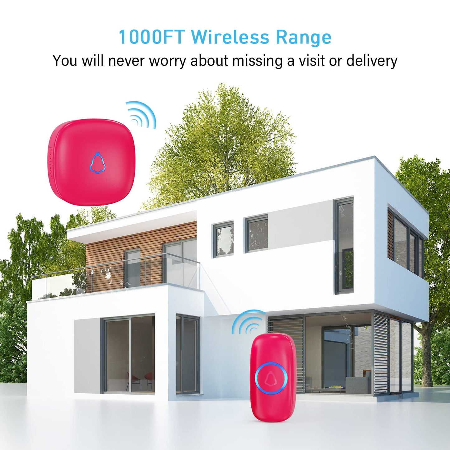 SECRUI Wireless Doorbells for Home, Classrooms, Apartments, Businesses, etc. Easy to Use, Adjustable Volume, 58 Chimes, Colorful LED, Waterproof, 1000Ft Range, M520+F55, Rose Red