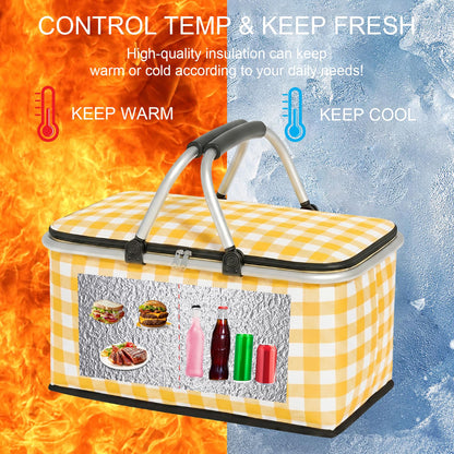 IACTIVE Insulated Picnic Basket，Collapsible Picnic Basket，30L Large Market Basket with Lid，2 Sturdy Handles，Storage Basket for Picnic，for Food Delivery，Take Outs，Market Shopping，Travel(Yellow Grid)