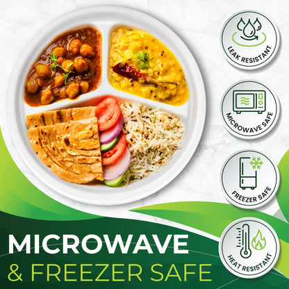 BIRCHIO 150-Piece 100% Compostable 10in Paper Plates, 3-Compartment Heavy Duty Disposable Eco-Friendly Biodegradable Sugarcane Fiber Plates
