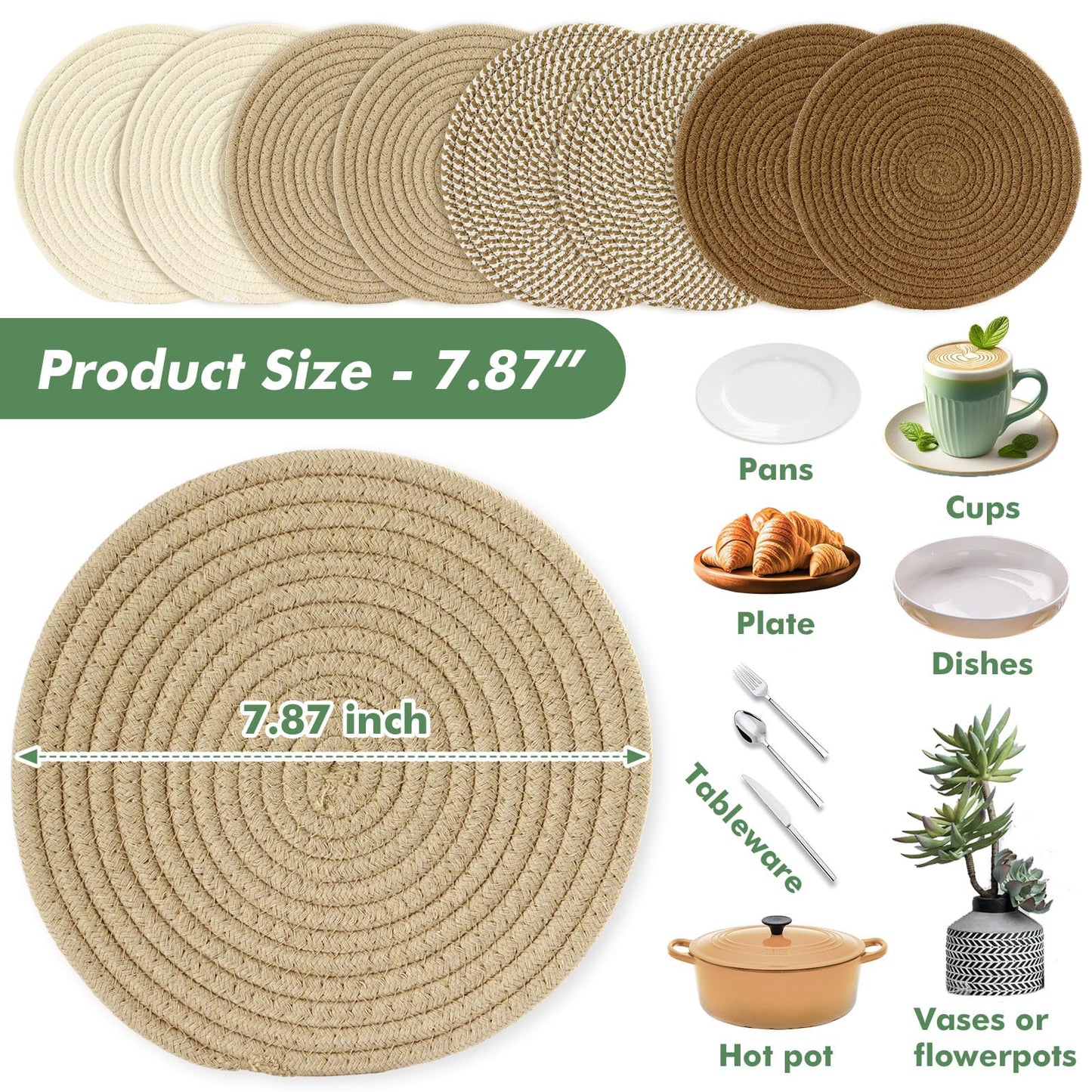 8 Inch Cotton Rope Trivets for Hot Dishes Set of 8 Heat Resistant Mats for Countertop Potholders for Kitchens Trivets for Hot Pots and Pans and Quartz Countertops Farmhouse Kitchen Décor, Mixed Brown
