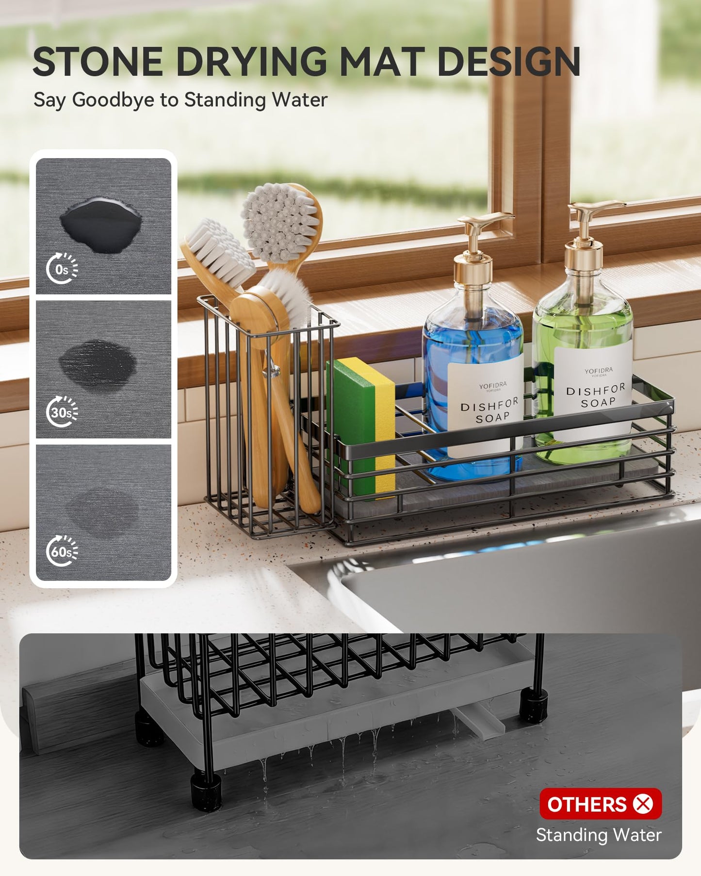 Yofidra Sponge Holder for Kitchen Organizer: Sink Caddy with Instant Drying Stone, Metal Stainless Steel, 9.3" X 4" Home Decor Storage and Organization Accessories, Black