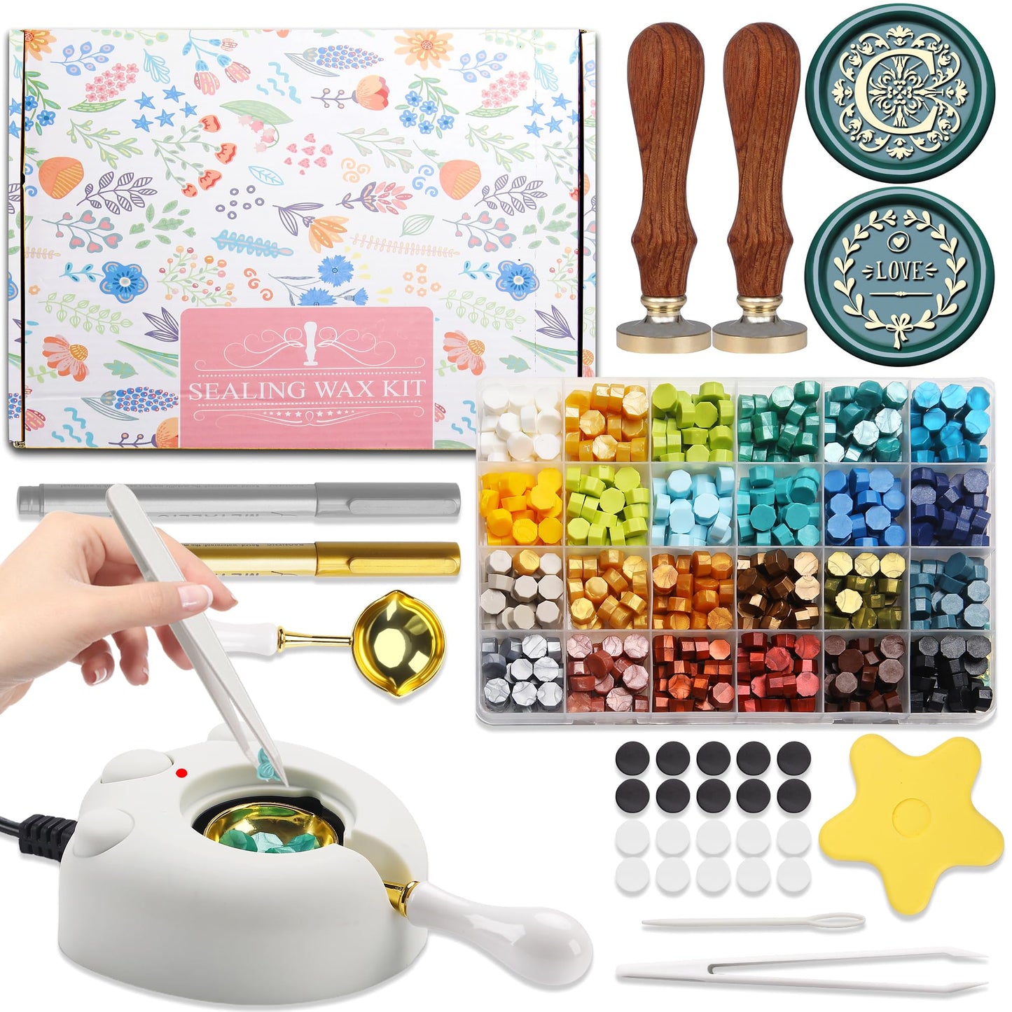 VSECUON Flower Initial Alphabet C & Eucalyptus Wax Seal Stamp Kit with 2 Brass Heads Electric Wax Seal Warmer 600 Sealing Beads Ideal for Wedding Invitation Gift Wrapping Christmas (Floral C Kit)