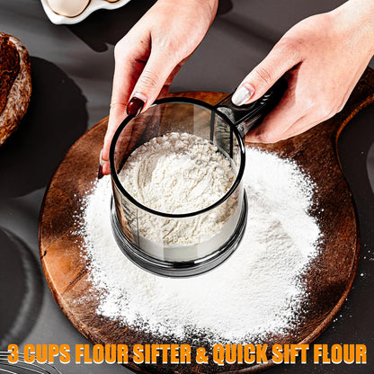 ‌3 Cup Flour Sifter, Sifter for Baking Sifter Handheld Baking Sieve Food-Grade Double-Filter Stainless Steel Flour Sifter Non-Rust Sifter used for Rapid Screening of Flour Apricot Flour Sugar Powder
