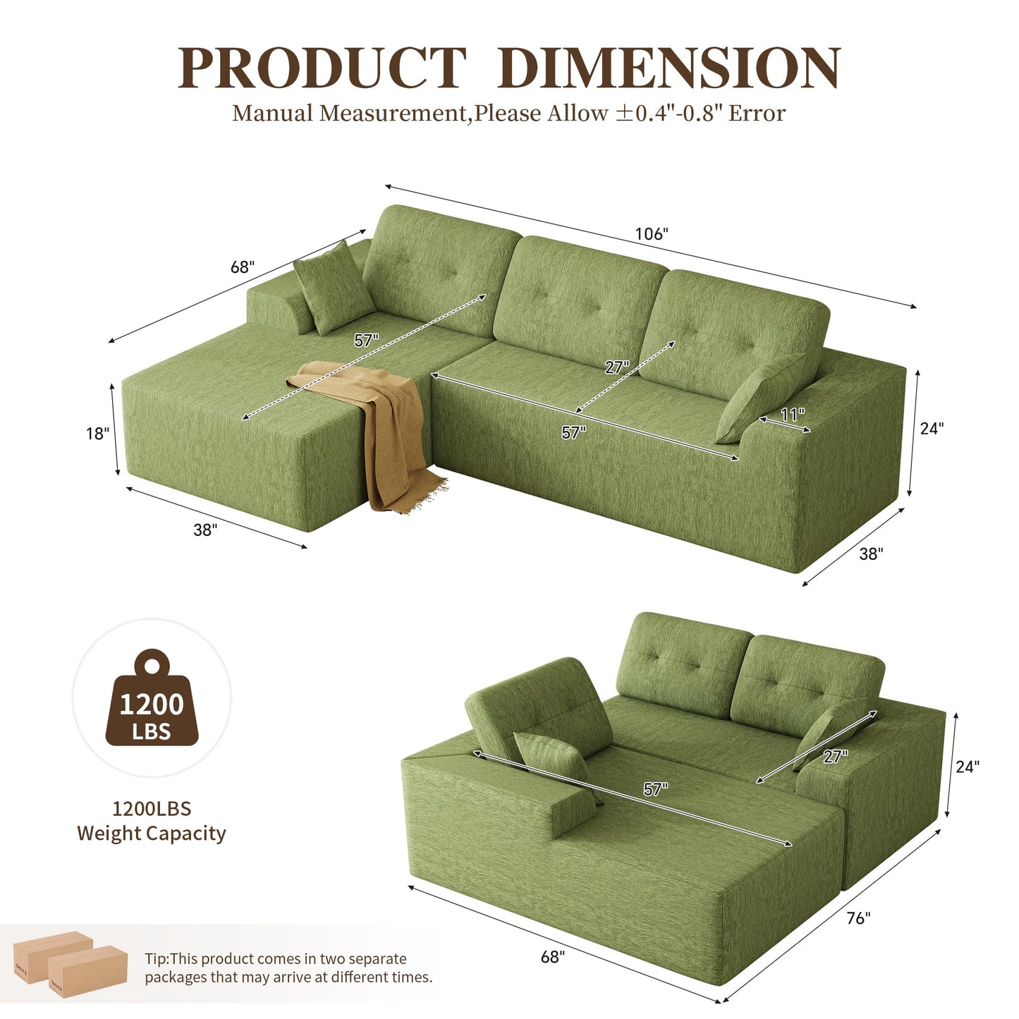 Ball & Cast 106" Boneless Sectional Sofa, Chenille Modular L Shaped Couch with Deep Seat Chaise, Cloud Style Oversized Sectional Couch for Living Room, No Assembly, Left Facing, Green